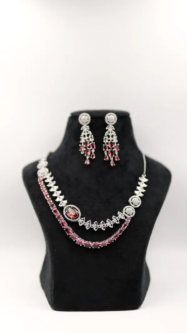 Silver_Tone_Pink_Stone_Necklace_And_Earrings_Set_For_Women
