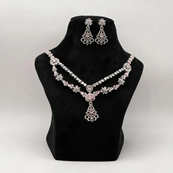 Silver_Tone_Pink_Stone_Necklace_Set_For_Women
