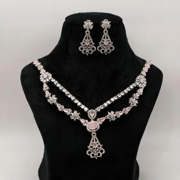 Silver_Tone_Pink_Stone_Necklace_Set_For_Women