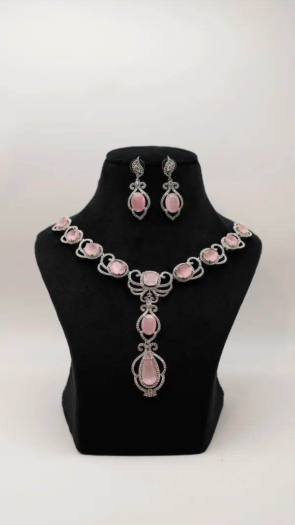 Silver_Tone_Pink_Stone_Necklace_And_Earrings_Set_For_Women