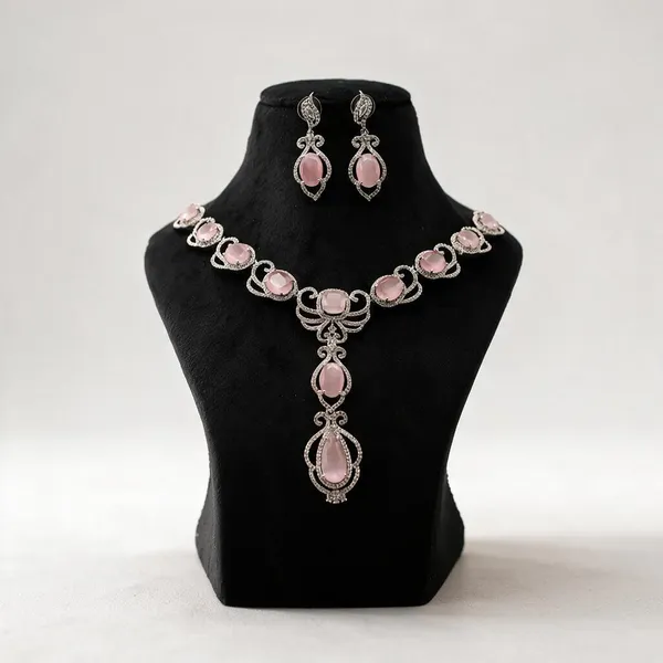 Silver_Tone_Pink_Stone_Necklace_And_Earrings_Set_For_Women