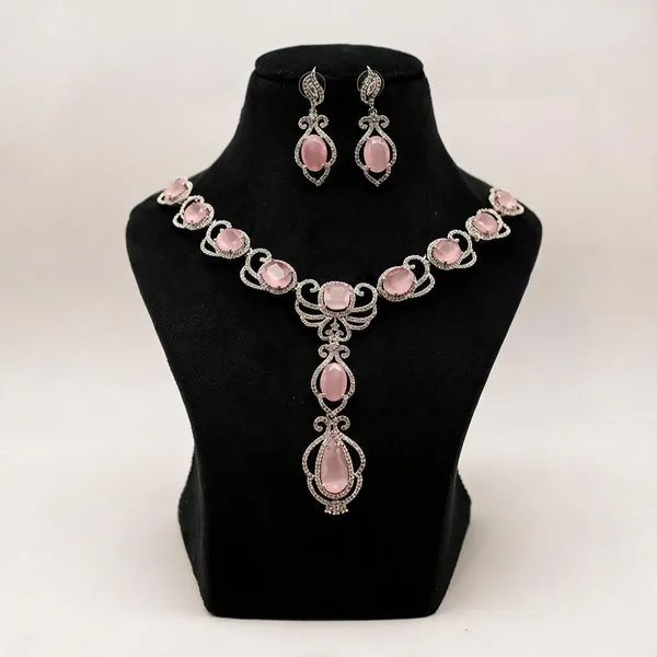 Silver_Tone_Pink_Stone_Necklace_And_Earrings_Set_For_Women