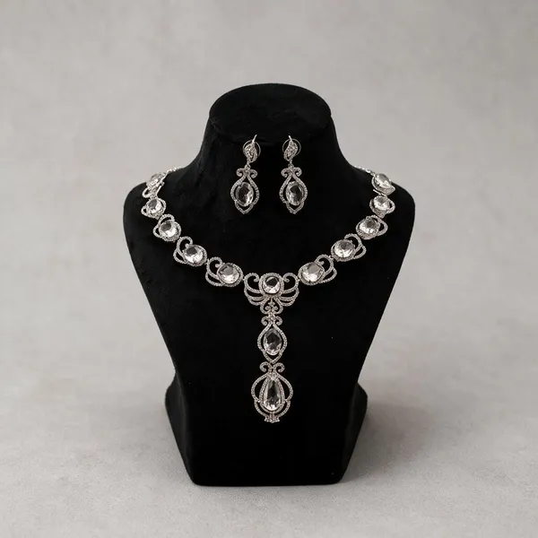 Silver_Tone_Crystal_Necklace_And_Earrings_Set