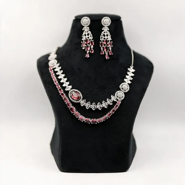 Silver_Tone_Pink_Stone_Necklace_And_Earrings_Set_For_Women