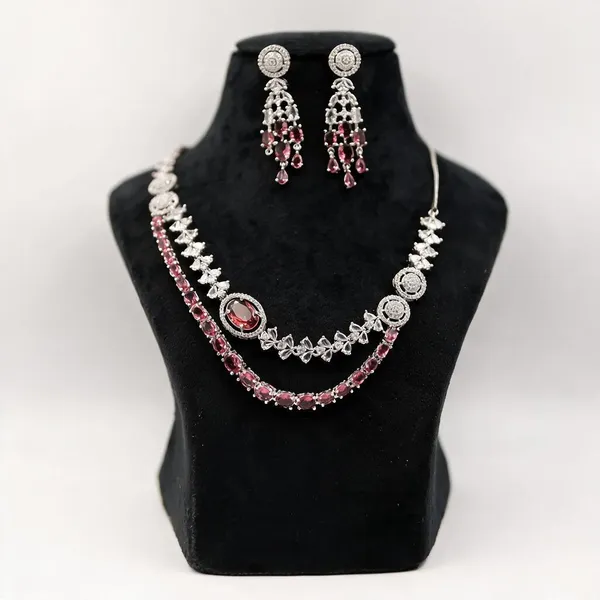 Silver_Tone_Pink_Stone_Necklace_And_Earrings_Set_For_Women