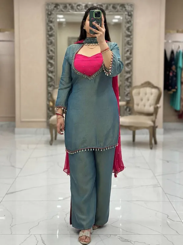 Teal_Roman_Glass_Silk_Embellished_Kurta_Palazzo_Dupatta_Set_For_Women