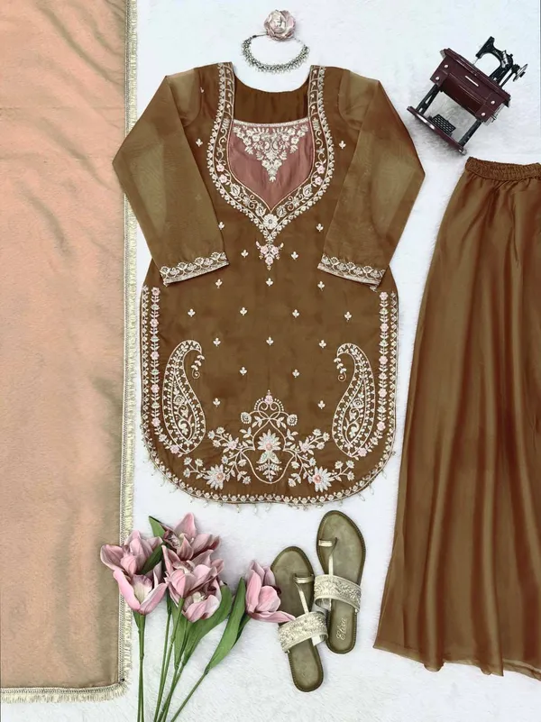 Brown_Shimmer_Embroidered_Kurta_Palazzo_Dupatta_Set_For_Women
