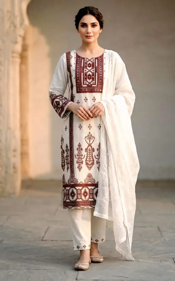 White_Heavy_Pc_Cotton_Straight_Kurta_Bottom_Dupatta_Set_For_Women