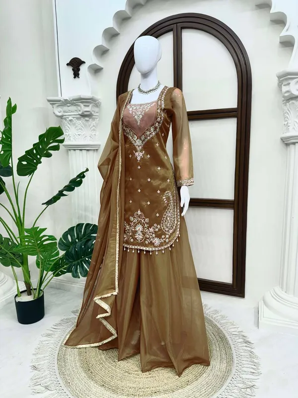 Brown_Shimmer_Embroidered_Kurta_Palazzo_Dupatta_Set_For_Women