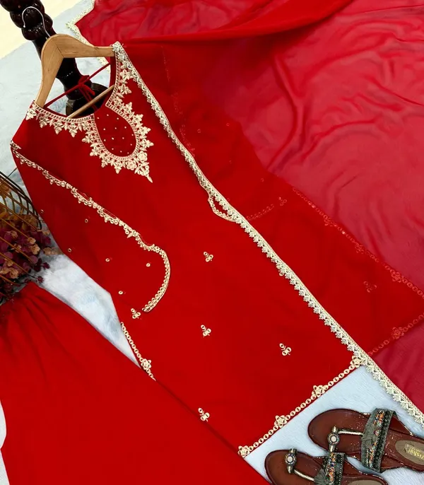 Red_Faux_Georgette_Embroidered_Kurta_Palazzo_Dupatta_Set_For_Women