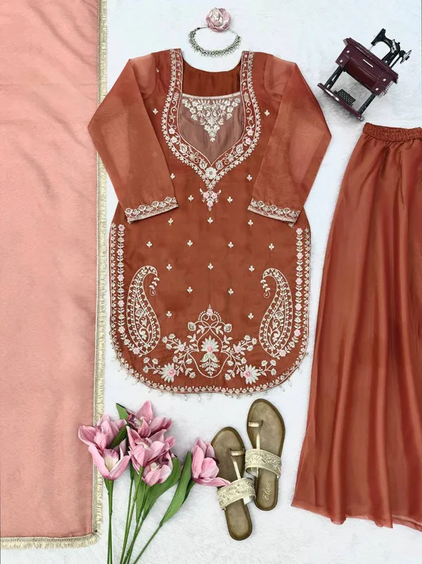 Rust_Shimmer_Fabric_Embroidered_Straight_Kurta_Palazzo_Dupatta_Set_For_Women