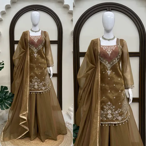 Brown_Shimmer_Embroidered_Kurta_Palazzo_Dupatta_Set_For_Women