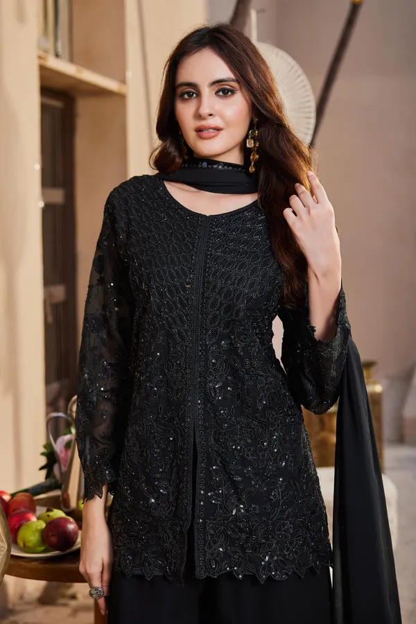 Black_Heavy_Faux_Georgette_Embroidered_Straight_Kurta_Palazzo_Dupatta_Set_For_Women