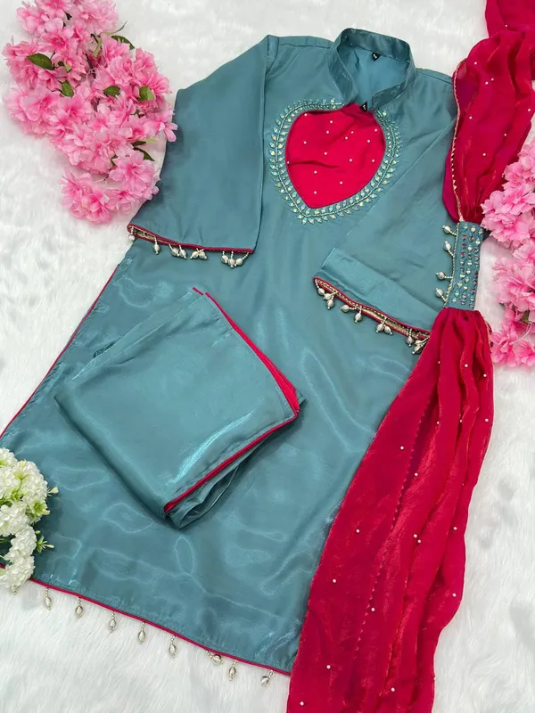 Teal_Roman_Glass_Silk_Embellished_Kurta_Palazzo_Dupatta_Set_For_Women