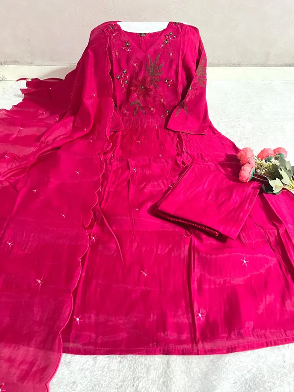 Pink_Mul_Chanderi_Embroidered_Flared_Anarkali_Kurta_Bottom_Dupatta_Set_For_Women