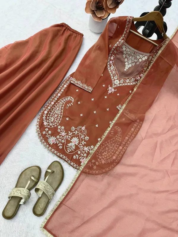 Rust_Shimmer_Fabric_Embroidered_Straight_Kurta_Palazzo_Dupatta_Set_For_Women