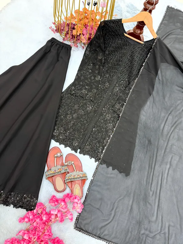 Black_Heavy_Faux_Georgette_Embroidered_Straight_Kurta_Palazzo_Dupatta_Set_For_Women