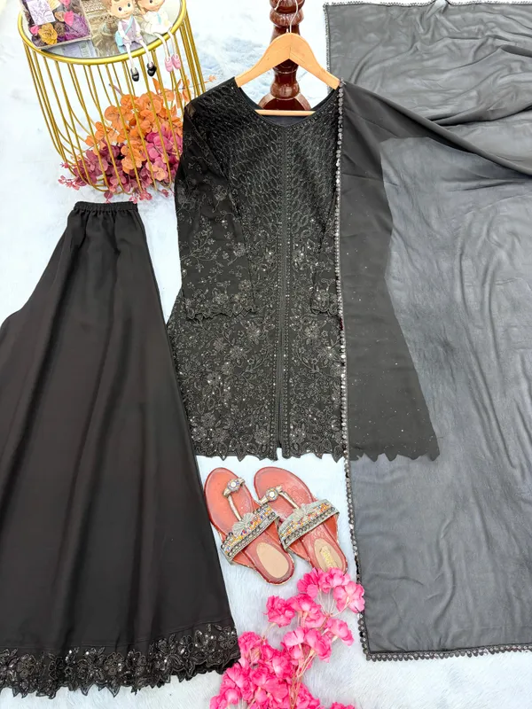 Black_Heavy_Faux_Georgette_Embroidered_Straight_Kurta_Palazzo_Dupatta_Set_For_Women