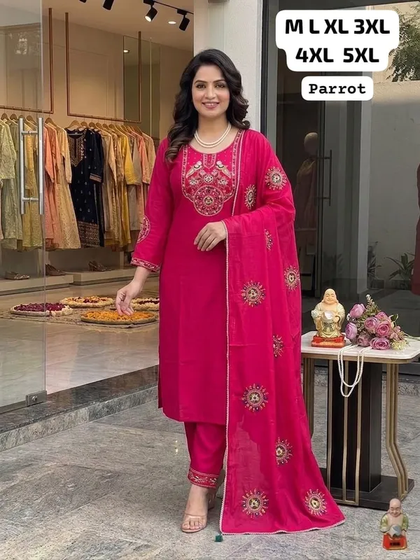 Parrot_Pink_Heavy_Viscose_Embroidered_Straight_Kurta_Bottom_Dupatta_Set_For_Women