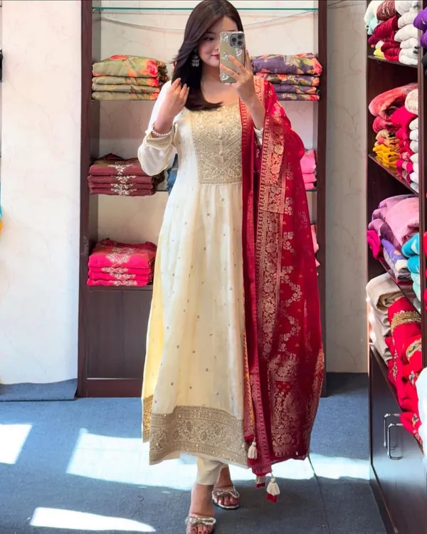 Cream_Banana_Silk_Embroidered_Anarkali_Kurta_Pant_Dupatta_Set_For_Women