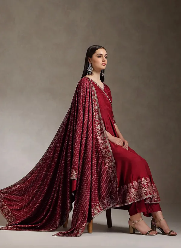 Maroon_Heavy_Rayon_Printed_Anarkali_Kurta_Pant_Dupatta_Set_For_Women
