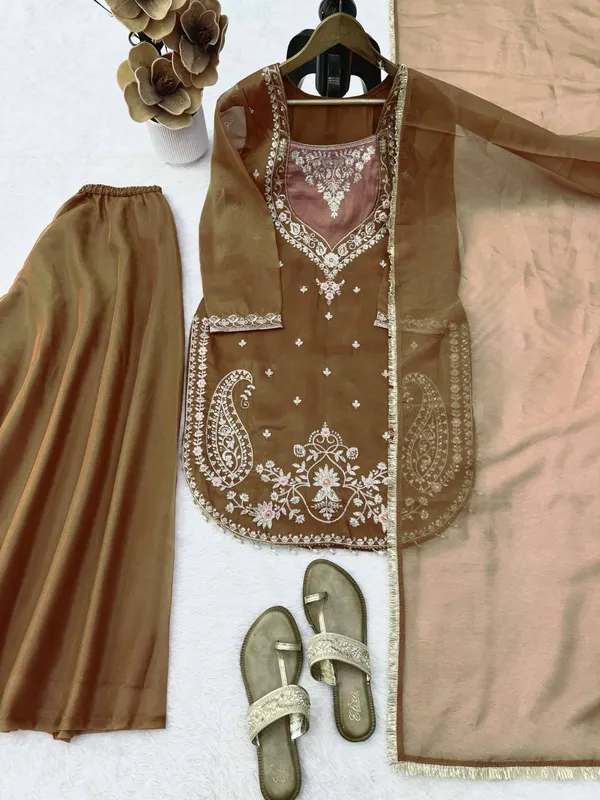 Brown_Shimmer_Embroidered_Kurta_Palazzo_Dupatta_Set_For_Women