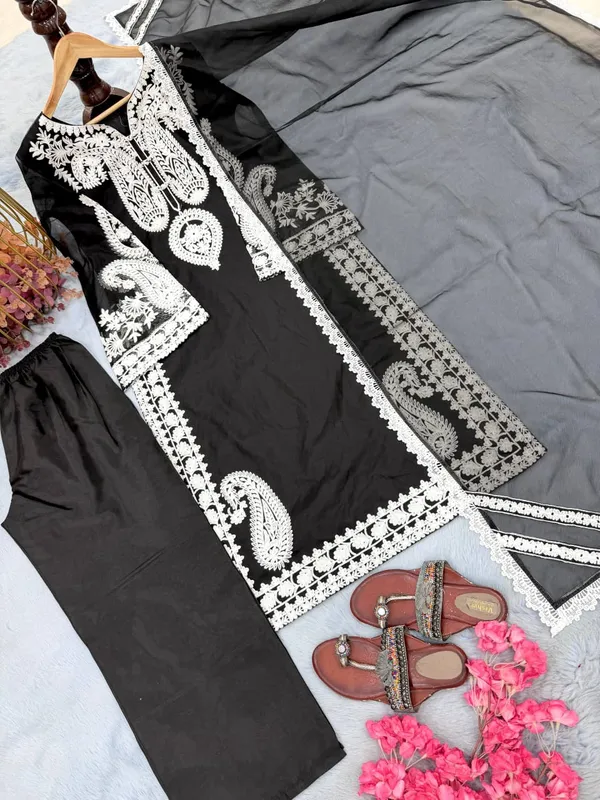 Black_Organza_Silk_Embroidered_Straight_Kurta_Palazzo_Dupatta_Set_For_Women