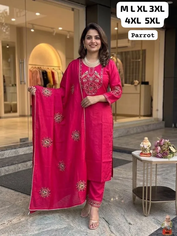 Parrot_Pink_Heavy_Viscose_Embroidered_Straight_Kurta_Bottom_Dupatta_Set_For_Women