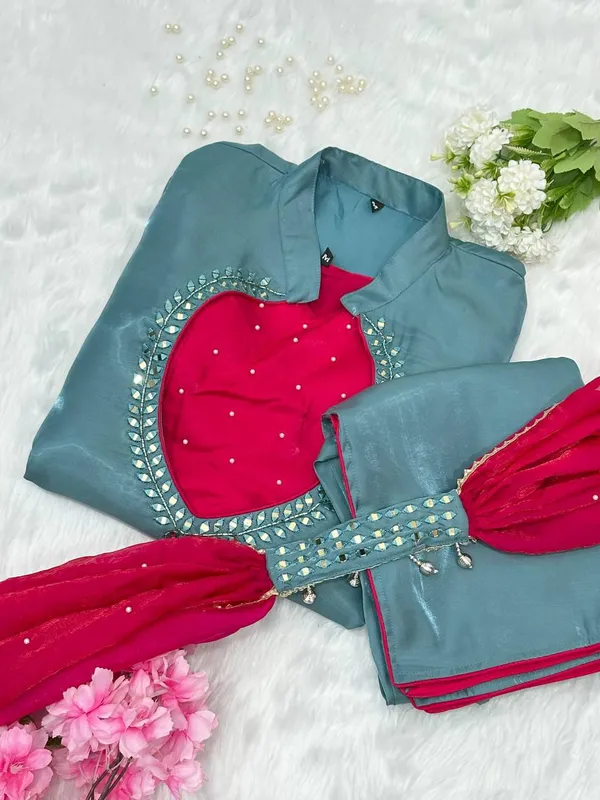 Teal_Roman_Glass_Silk_Embellished_Kurta_Palazzo_Dupatta_Set_For_Women