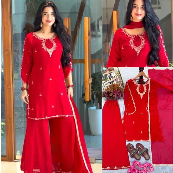 Red_Faux_Georgette_Embroidered_Kurta_Palazzo_Dupatta_Set_For_Women