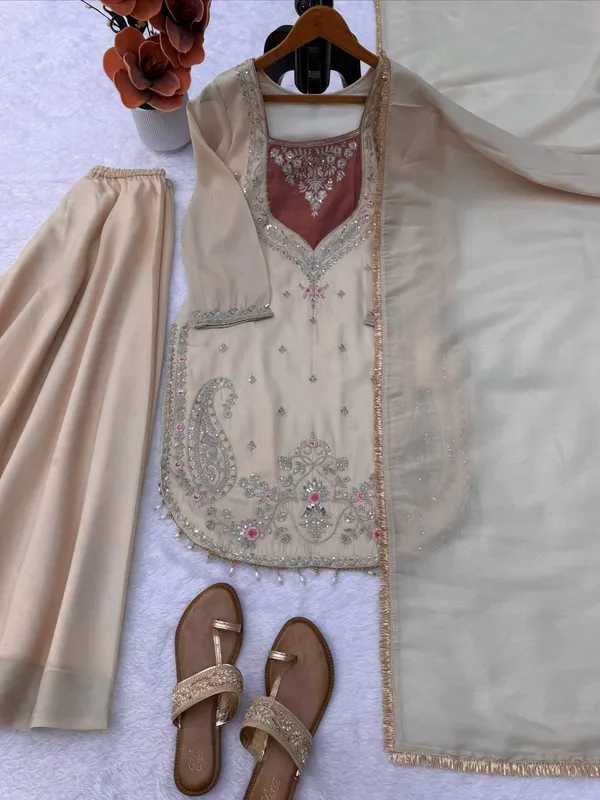 Cream_Shimmer_Fabric_Embroidered_Straight_Kurta_Sharara_Dupatta_Set_For_Women