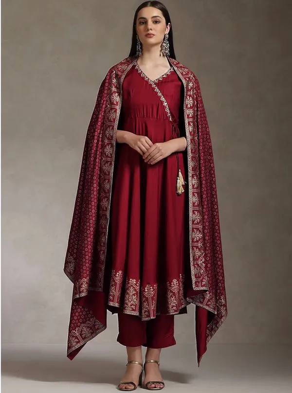 Maroon_Heavy_Rayon_Printed_Anarkali_Kurta_Pant_Dupatta_Set_For_Women