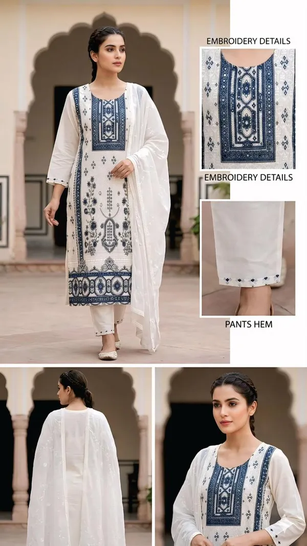 White_Heavy_Pc_Cotton_Embroidered_Straight_Kurta_Bottom_Dupatta_Set_For_Women