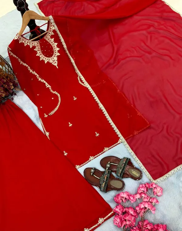 Red_Faux_Georgette_Embroidered_Kurta_Palazzo_Dupatta_Set_For_Women