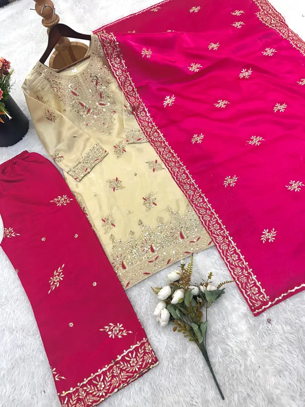 Beige_Pure_Gmy_Silk_Embroidered_Kurta_Palazzo_Dupatta_Set_For_Women