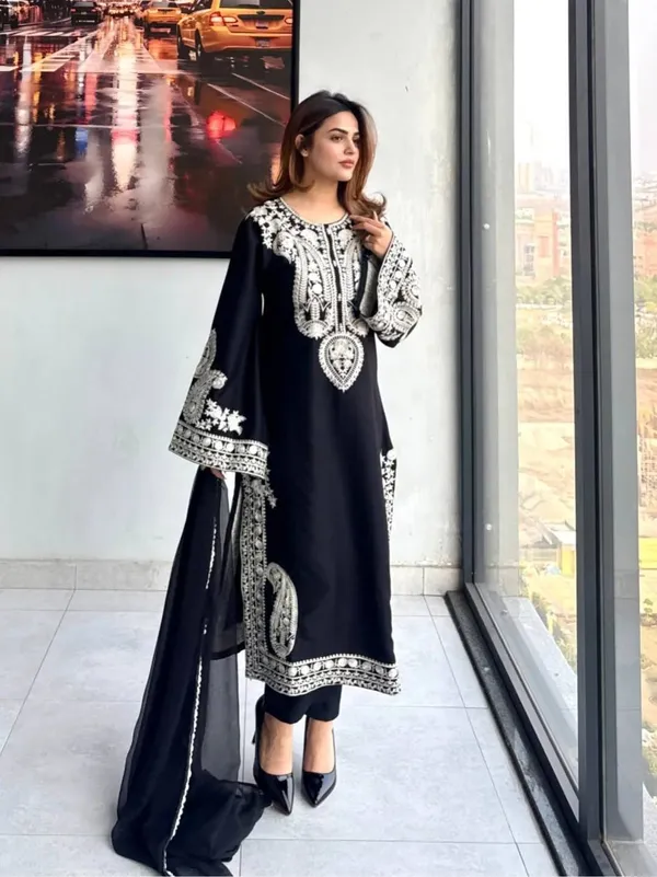 Black_Organza_Silk_Embroidered_Straight_Kurta_Palazzo_Dupatta_Set_For_Women