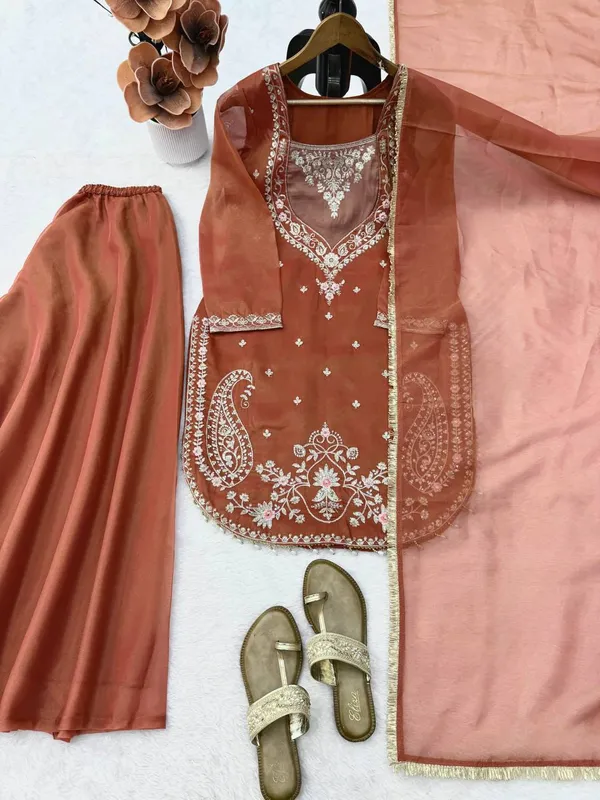 Rust_Shimmer_Fabric_Embroidered_Straight_Kurta_Palazzo_Dupatta_Set_For_Women