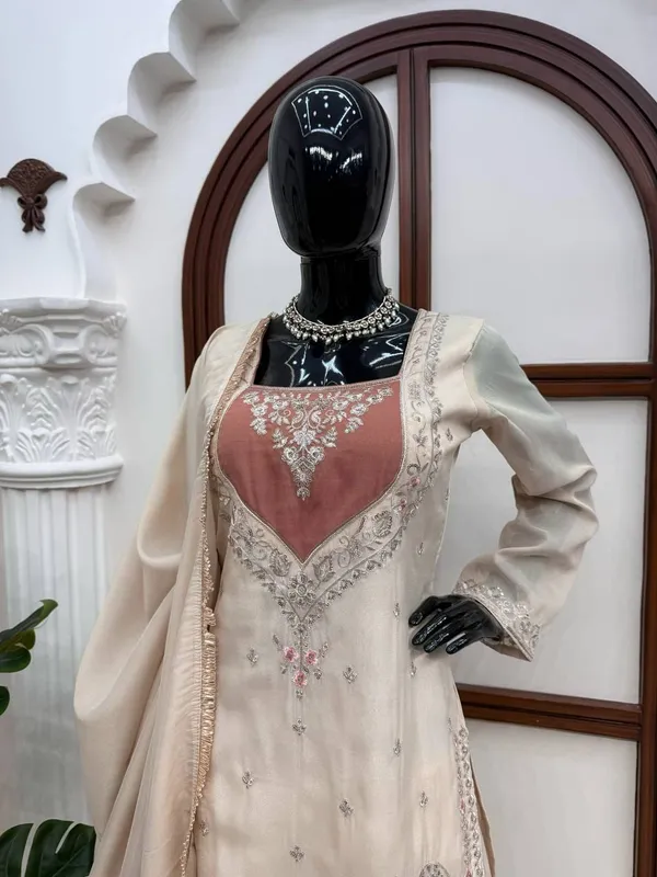 Cream_Shimmer_Fabric_Embroidered_Straight_Kurta_Sharara_Dupatta_Set_For_Women