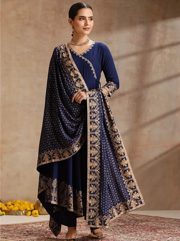 Navy_Blue_Heavy_Rayon_Printed_Anarkali_Kurta_Pant_Dupatta_Set_For_Women