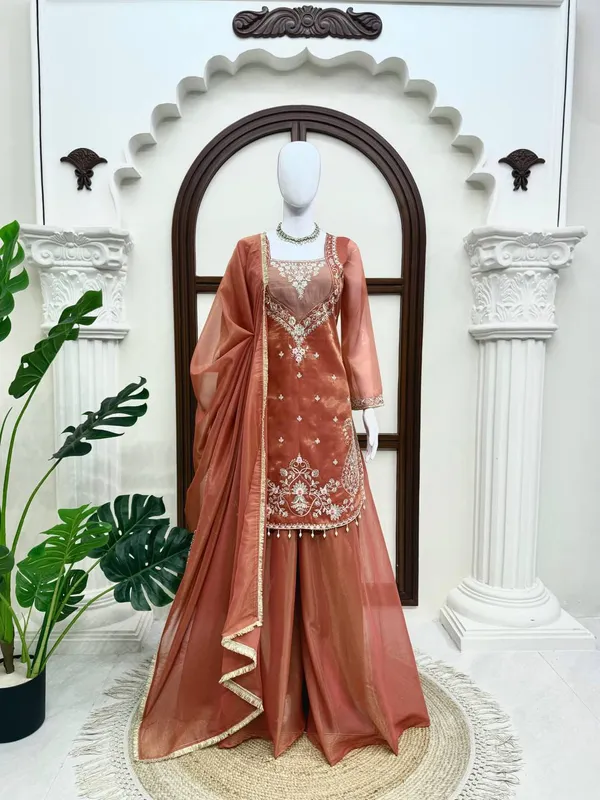Rust_Shimmer_Fabric_Embroidered_Straight_Kurta_Palazzo_Dupatta_Set_For_Women