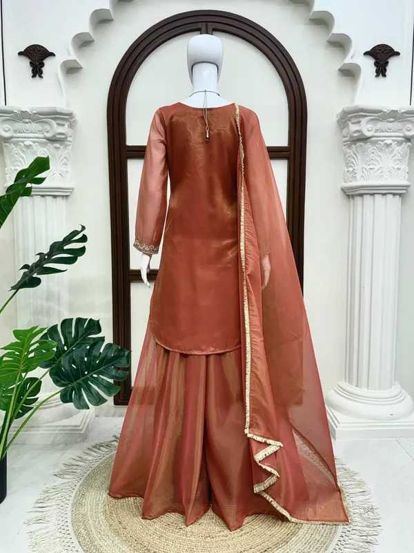 Rust_Shimmer_Fabric_Embroidered_Straight_Kurta_Palazzo_Dupatta_Set_For_Women