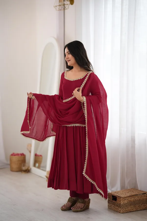 Maroon_Chanderi_Anarkali_Kurta_Pant_Dupatta_Set_For_Women