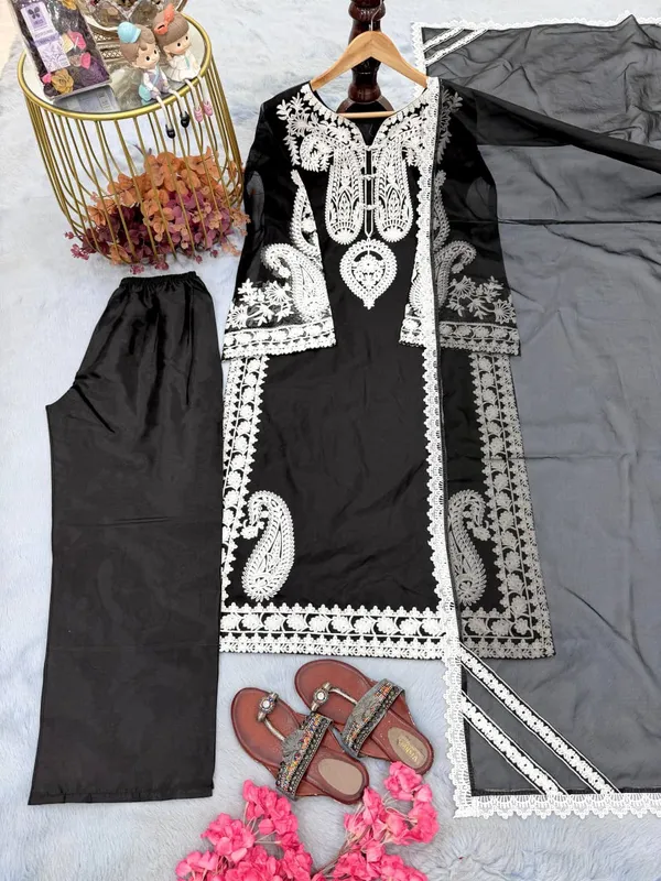 Black_Organza_Silk_Embroidered_Straight_Kurta_Palazzo_Dupatta_Set_For_Women