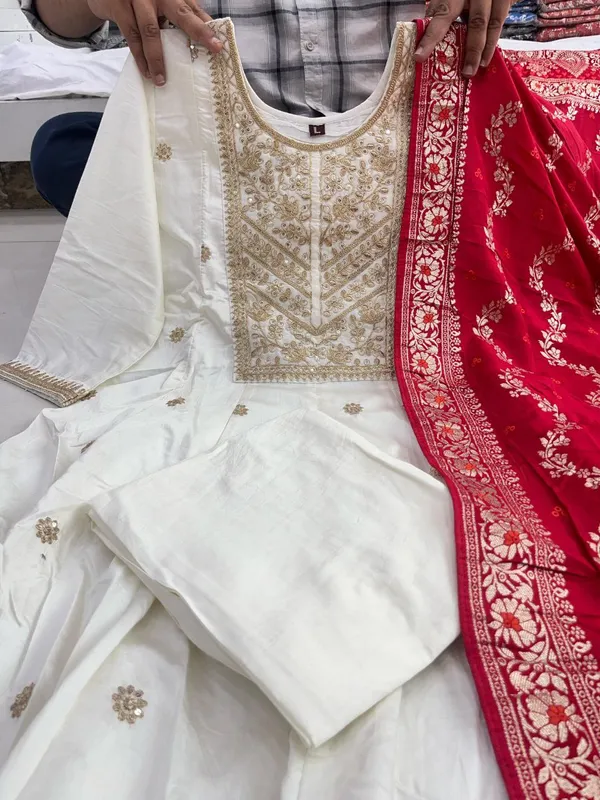 Cream_Banana_Silk_Embroidered_Anarkali_Kurta_Pant_Dupatta_Set_For_Women