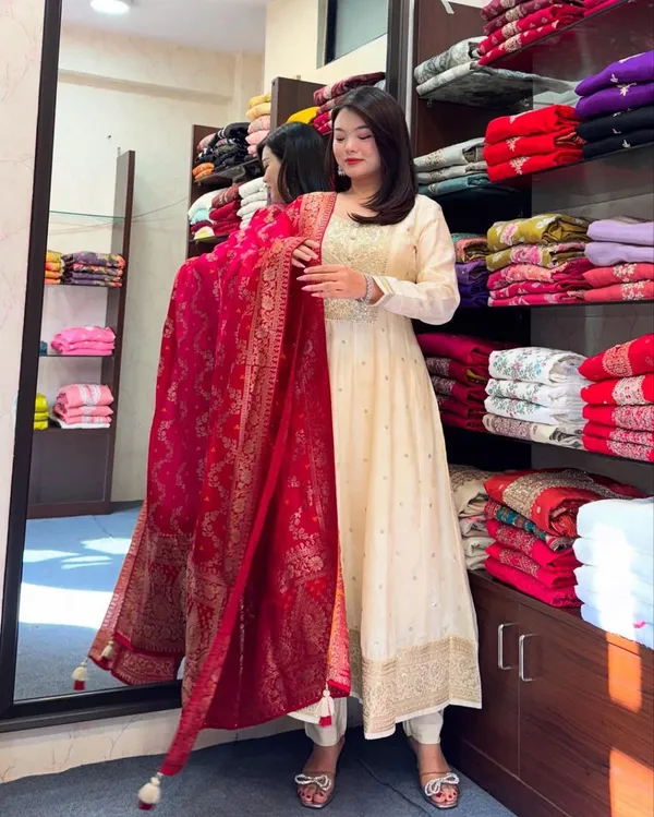 Cream_Banana_Silk_Embroidered_Anarkali_Kurta_Pant_Dupatta_Set_For_Women