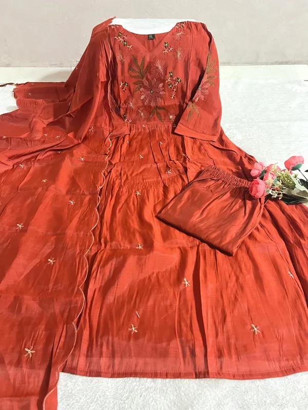 Red_Mul_Chanderi_Embroidered_Anarkali_Kurta_Bottom_Dupatta_Set_For_Women