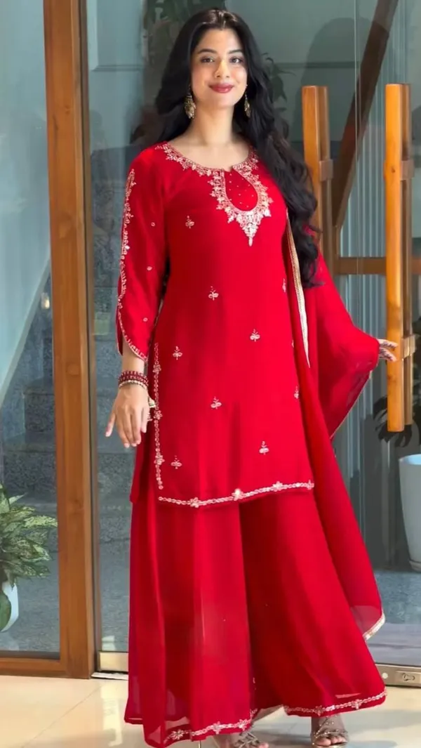 Red_Faux_Georgette_Embroidered_Kurta_Palazzo_Dupatta_Set_For_Women