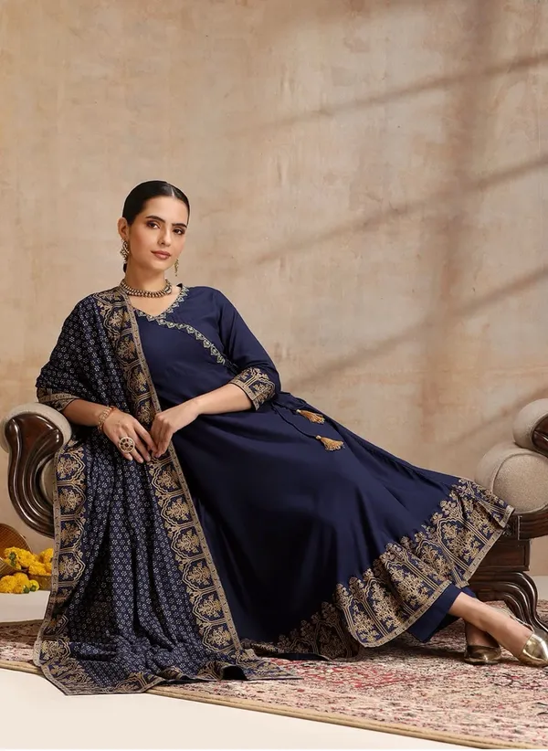 Navy_Blue_Heavy_Rayon_Printed_Anarkali_Kurta_Pant_Dupatta_Set_For_Women