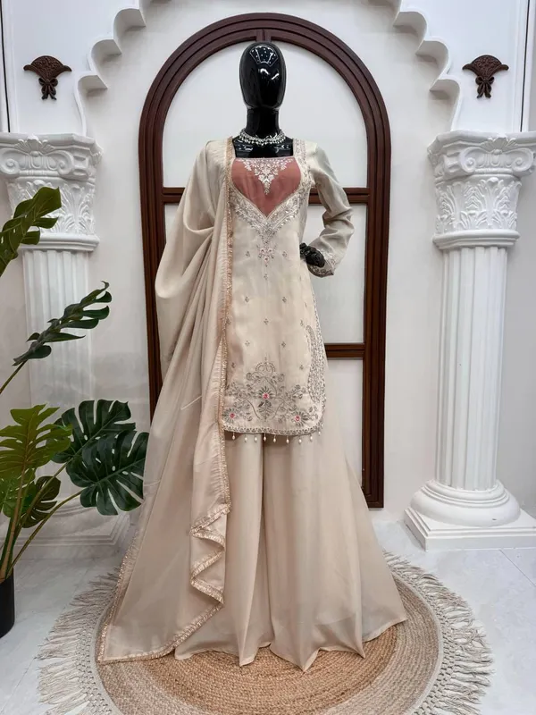 Cream_Shimmer_Fabric_Embroidered_Straight_Kurta_Sharara_Dupatta_Set_For_Women