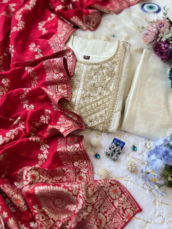Cream_Banana_Silk_Embroidered_Anarkali_Kurta_Pant_Dupatta_Set_For_Women
